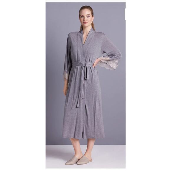 Natori Soft Luxe Shangra-La Tencel Robe Blue Belted Lace Trim Sleeves Sz Small - Picture 16 of 16